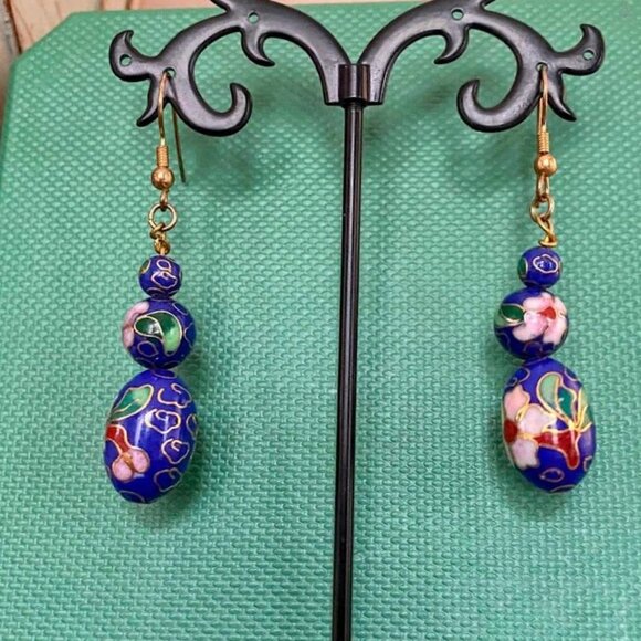 Cloisonné Enamel Drop Earrings With Floral Design - 2 Inches Long - Picture 1 of 1